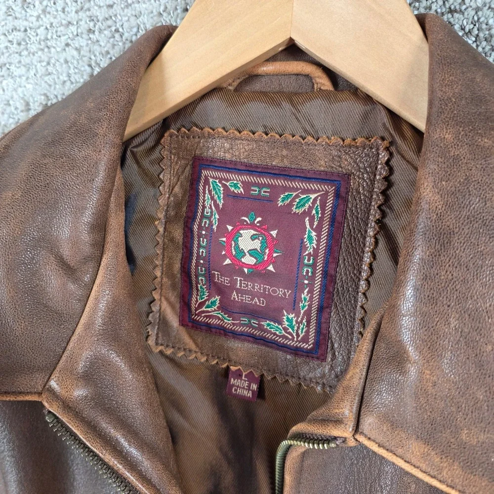 The Territory Ahead Mens Brown Distressed Leather Full Zip Bomber Jacket Large
